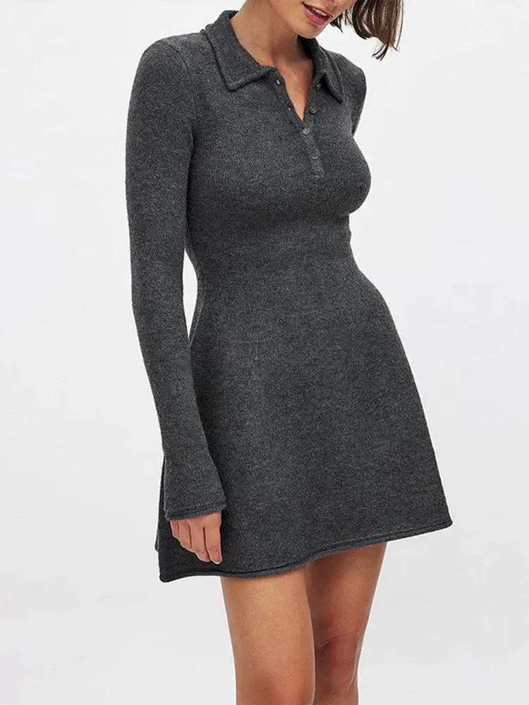 Advbridge Women Fashion Dark Grey Long Sleeves Knitted Mini Dress Elegant Lapel Half Breasted A Line Vestidos Autumn Chic Lady Dresses