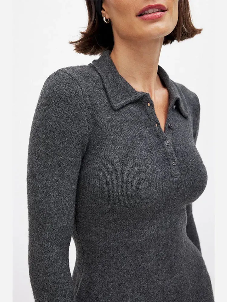 Advbridge Women Fashion Dark Grey Long Sleeves Knitted Mini Dress Elegant Lapel Half Breasted A Line Vestidos Autumn Chic Lady Dresses