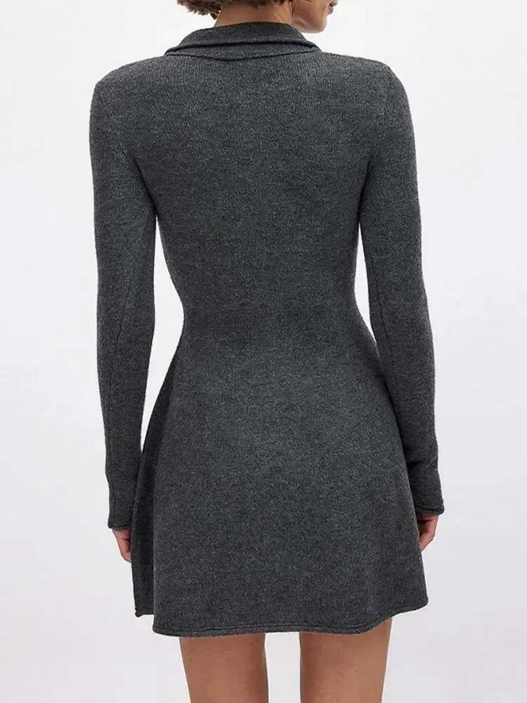 Advbridge Women Fashion Dark Grey Long Sleeves Knitted Mini Dress Elegant Lapel Half Breasted A Line Vestidos Autumn Chic Lady Dresses
