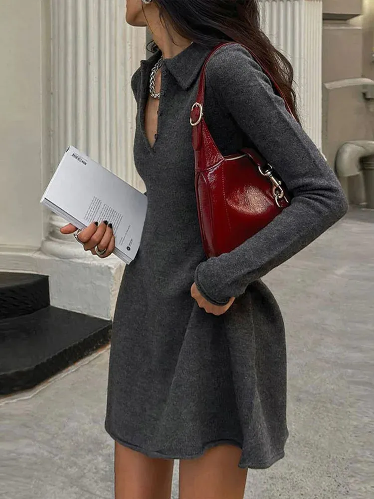 Advbridge Women Fashion Dark Grey Long Sleeves Knitted Mini Dress Elegant Lapel Half Breasted A Line Vestidos Autumn Chic Lady Dresses