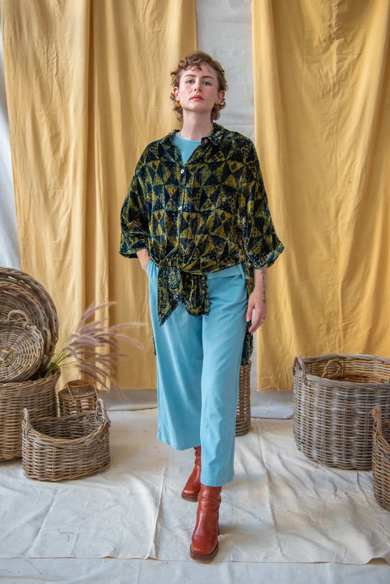 Ajrakh Silk Velvet Oversized Coat Sage on Indigo