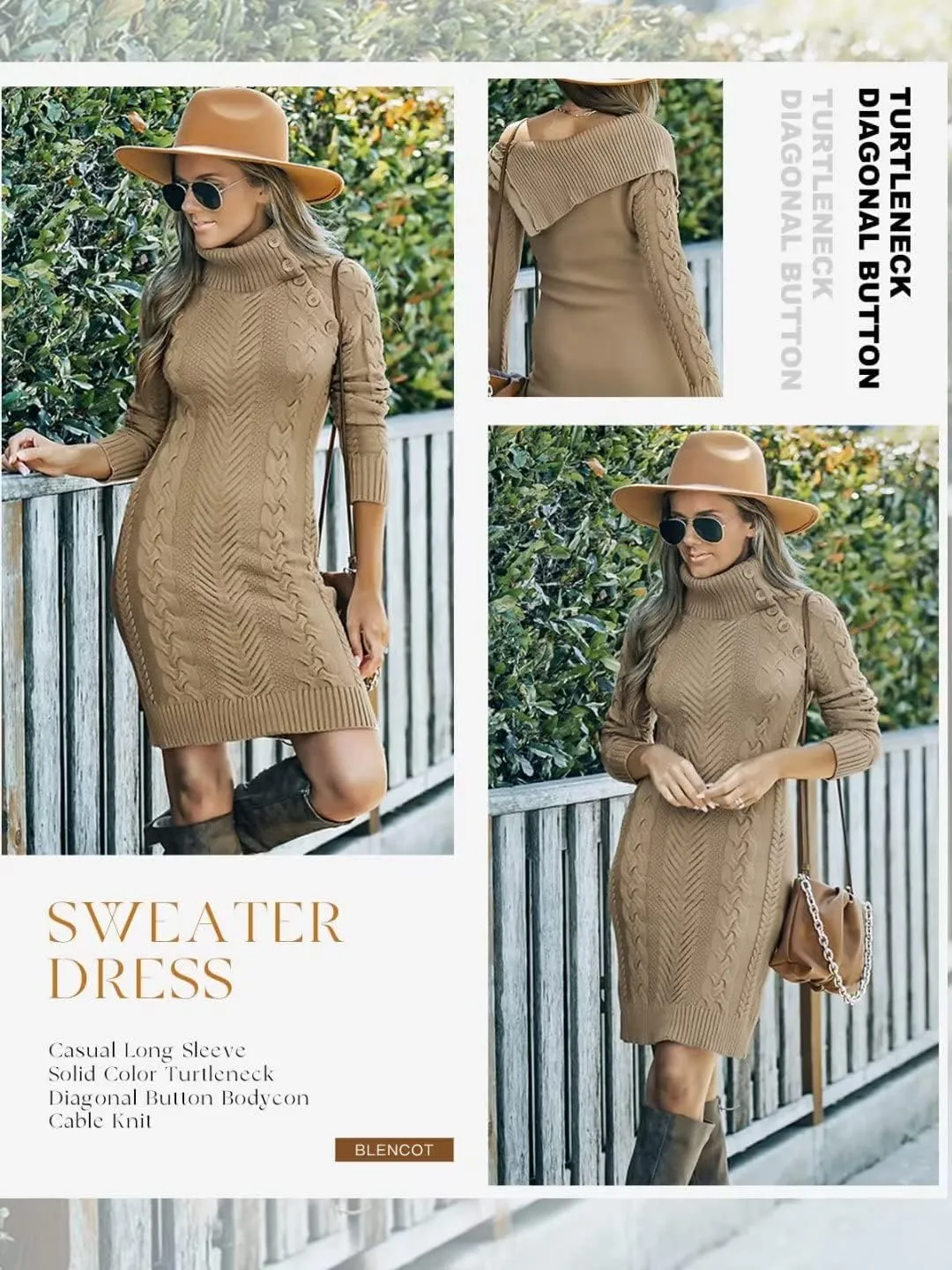 BLENCOT Womens Turtleneck Long Sleeve Elasticity Chunky Cable Knit Pullover Sweaters Jumper