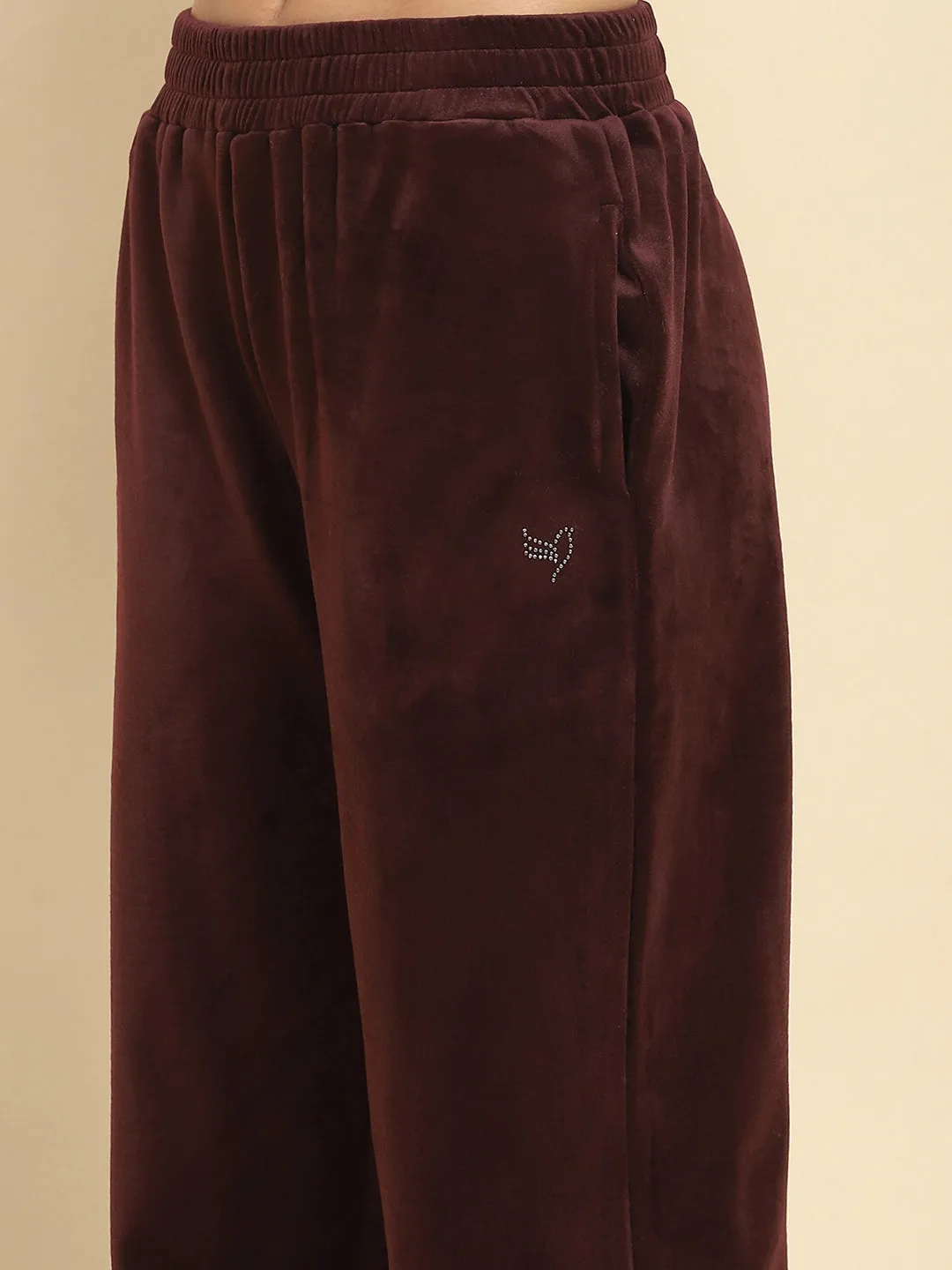 Burgundy Velvet Solid Relaxed Fit Night Suit Set For Winter
