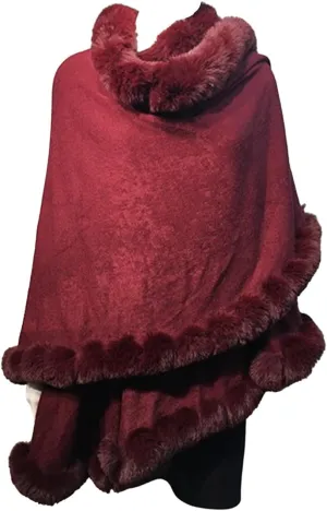 Cape-Faux Fur-Fur-Capes-ruana-coat-blanket-Caplet-Wrap-Shrug-Sweater-Poncho-dress shawl (Wine Wool blend cape with faux fur trim)