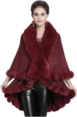 Coat Fur Cape Faux Fur Ruana blanket Caplet Wrap Shrug Sweater Poncho dress shawl (Burgundy Wool blend cape with faux fur trim)