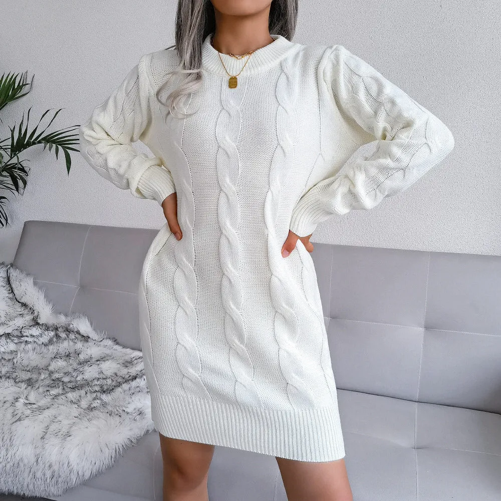 Crew Neck Twisted Hip Long Knitted Sweater Dress