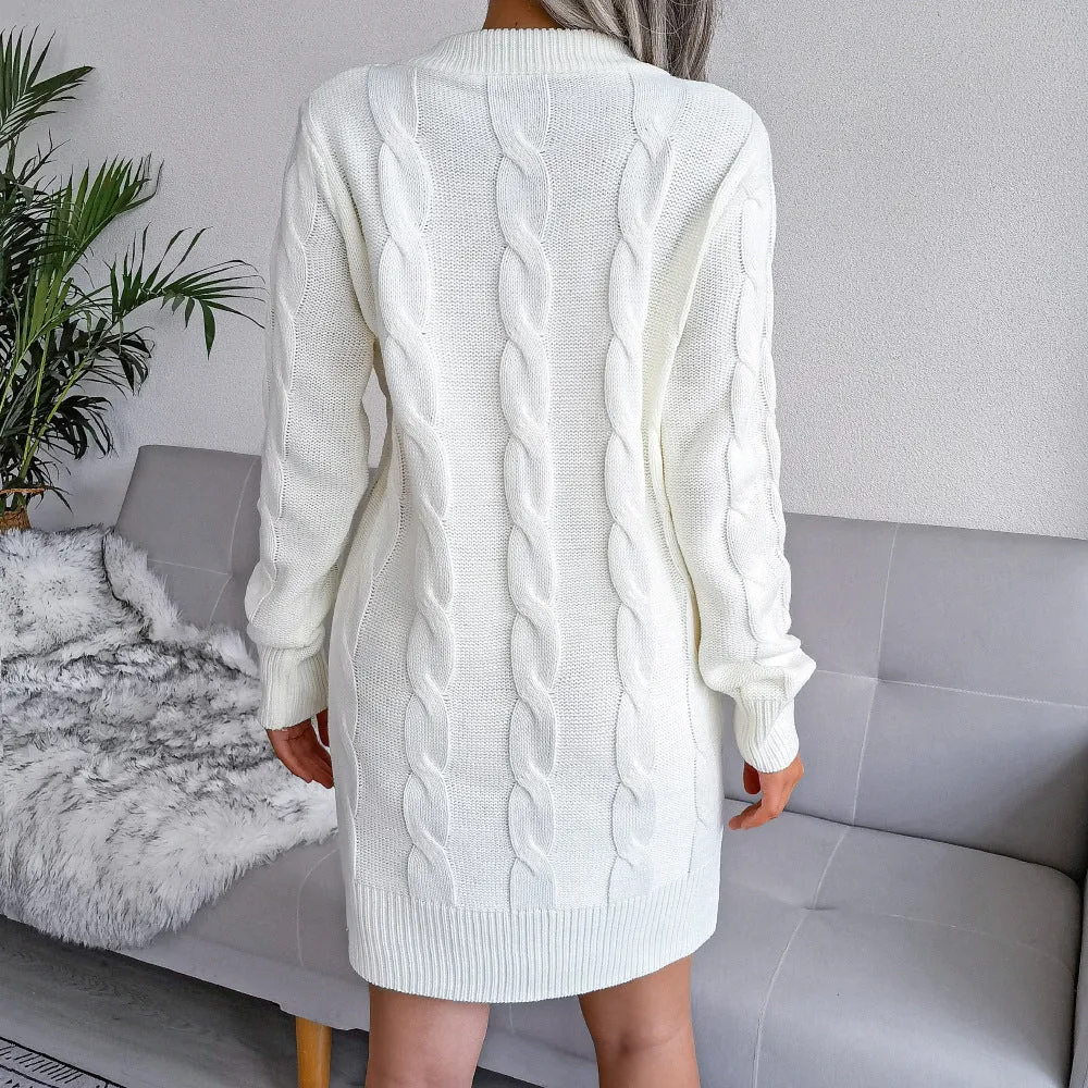 Crew Neck Twisted Hip Long Knitted Sweater Dress