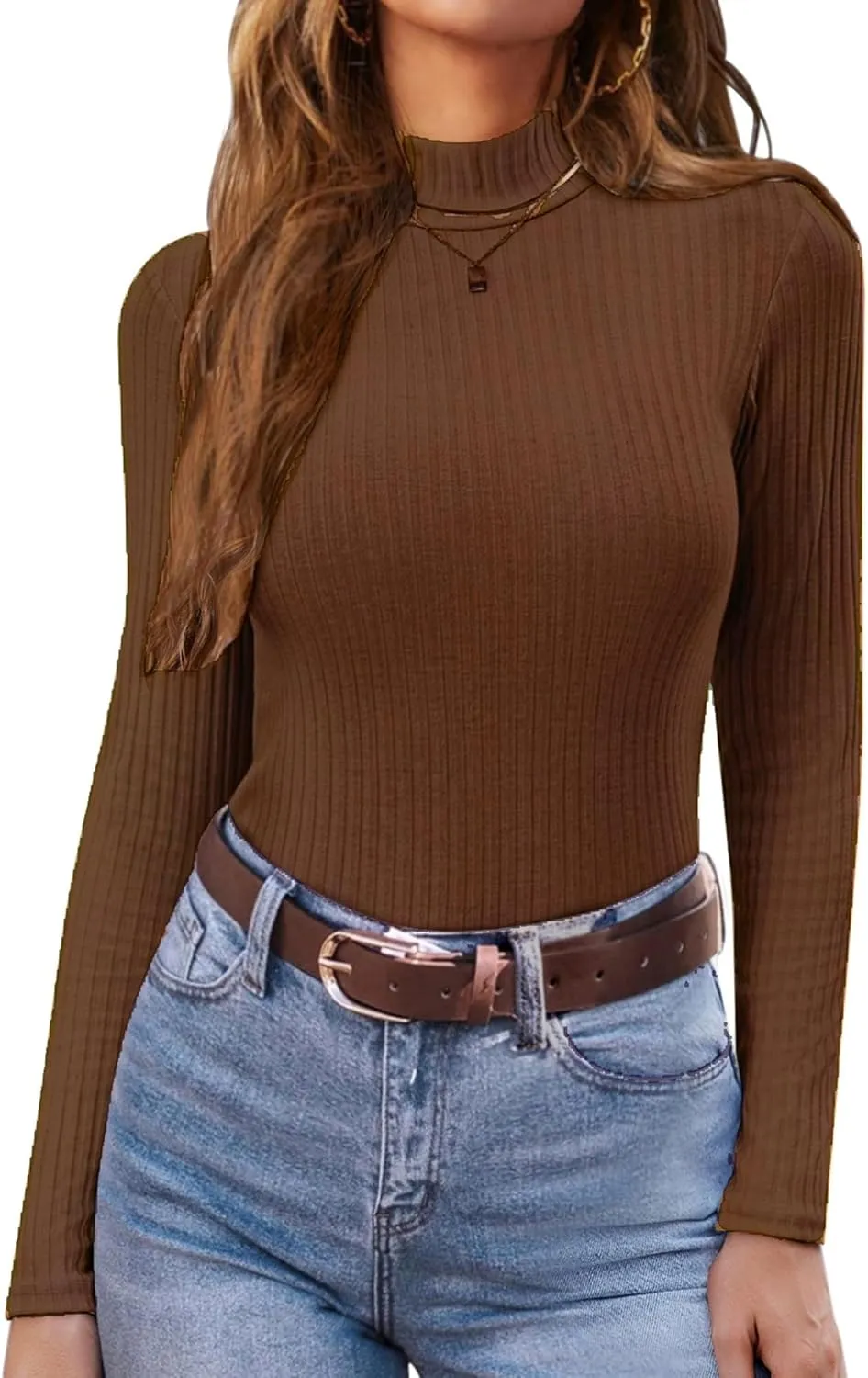 Ekouaer Women's Mock Turtleneck Long Sleeve Shirts Ribbed Knit Lightweight Pullover Sweater Stretch Fitted Thermal Top