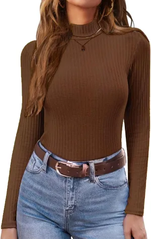 Ekouaer Women's Mock Turtleneck Long Sleeve Shirts Ribbed Knit Lightweight Pullover Sweater Stretch Fitted Thermal Top
