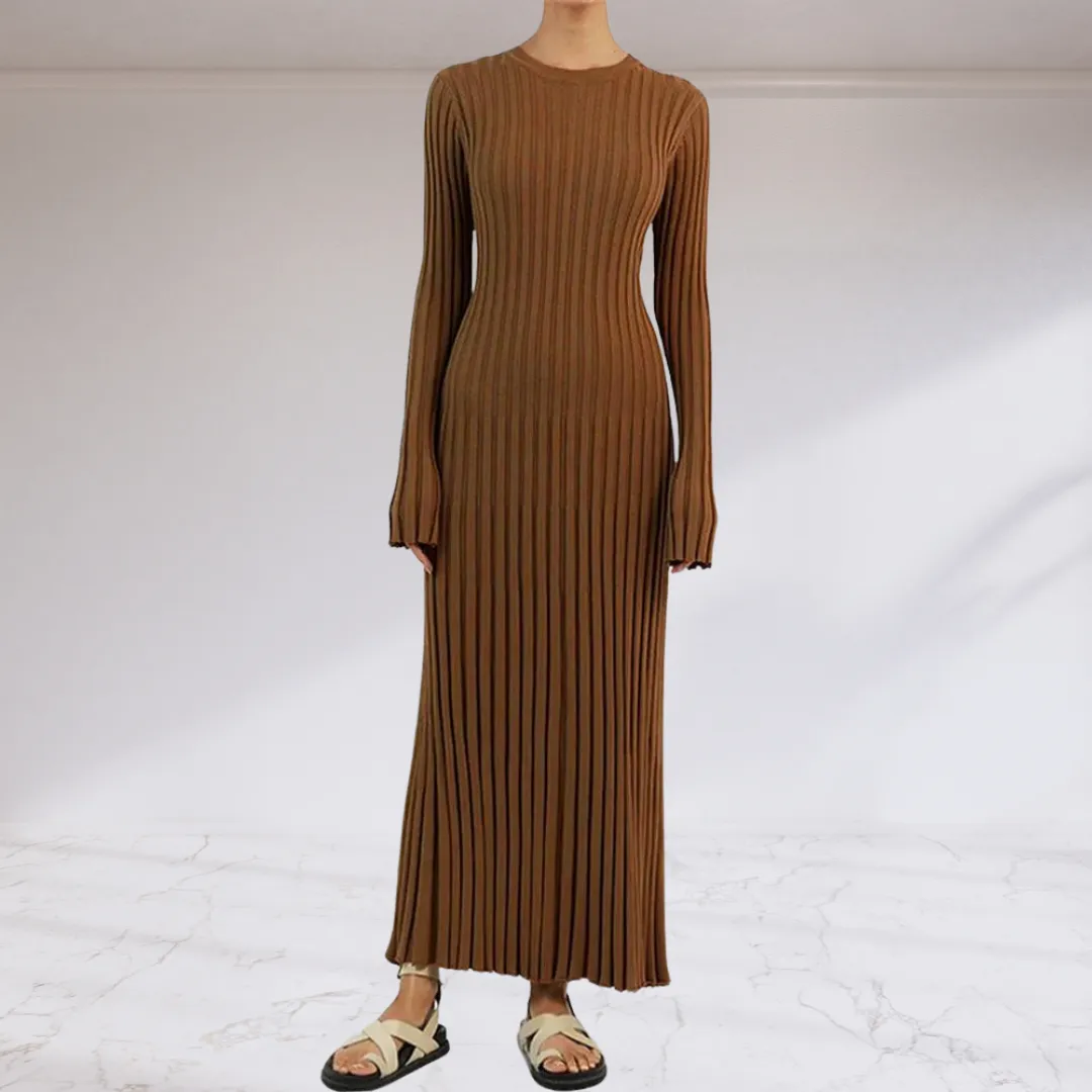 Elegant Tie Waist Ribbed Knitted Maxi Dress