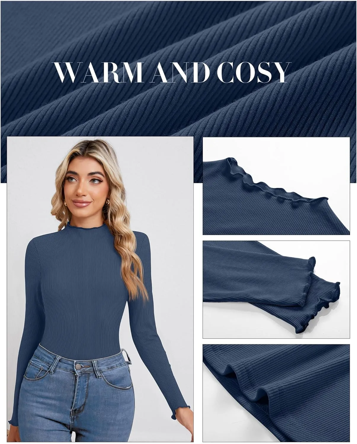 Ficerd 3 Pack Ribbed Mock Turtleneck Tops for Women Long Sleeve Lettuce Trim Shirts Slim Fit Tee Base Layer