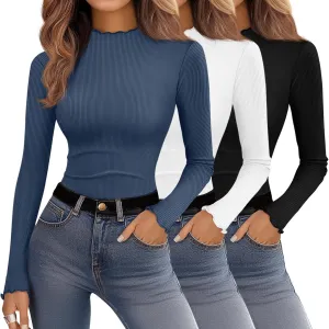 Ficerd 3 Pack Ribbed Mock Turtleneck Tops for Women Long Sleeve Lettuce Trim Shirts Slim Fit Tee Base Layer