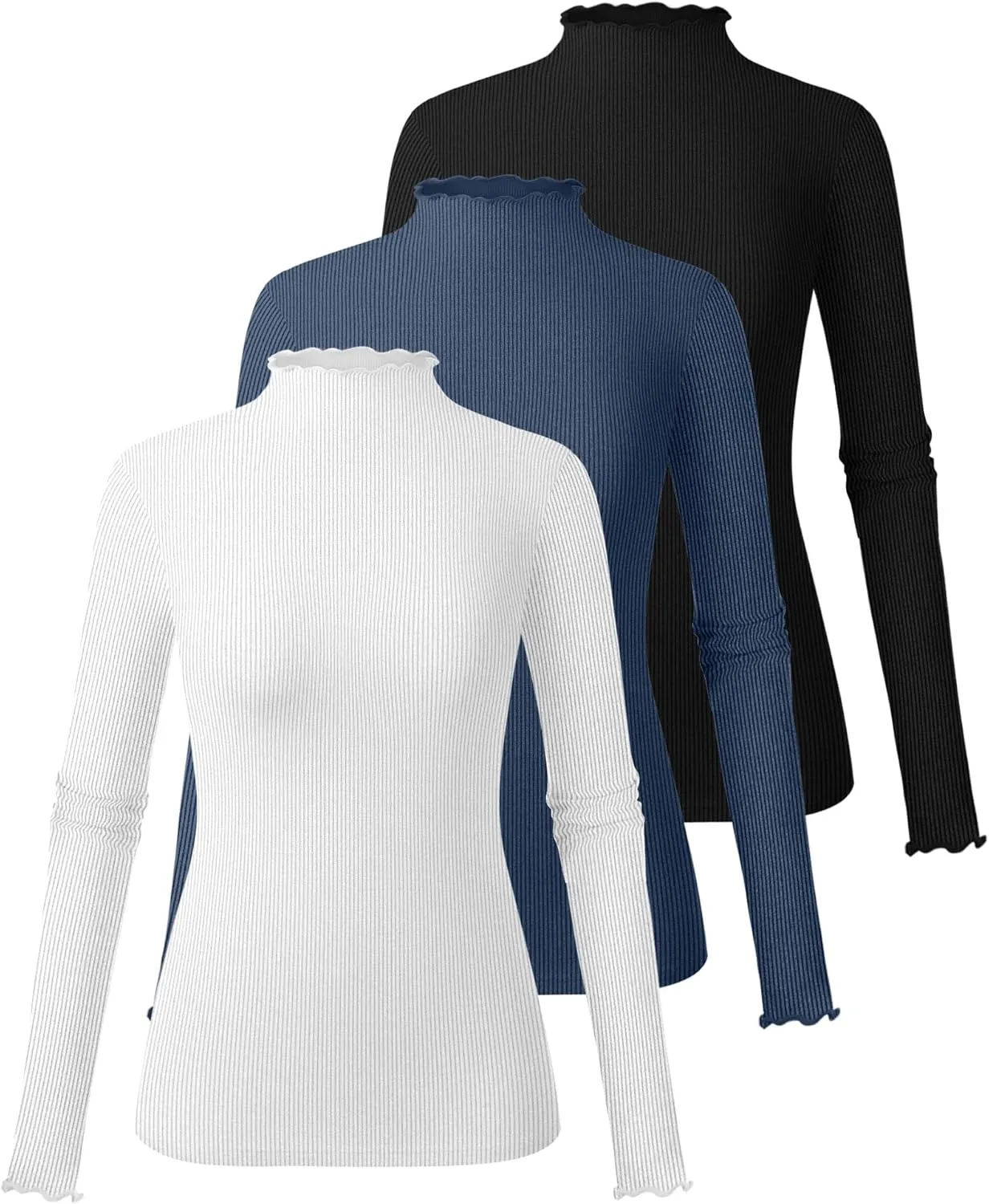 Ficerd 3 Pack Ribbed Mock Turtleneck Tops for Women Long Sleeve Lettuce Trim Shirts Slim Fit Tee Base Layer