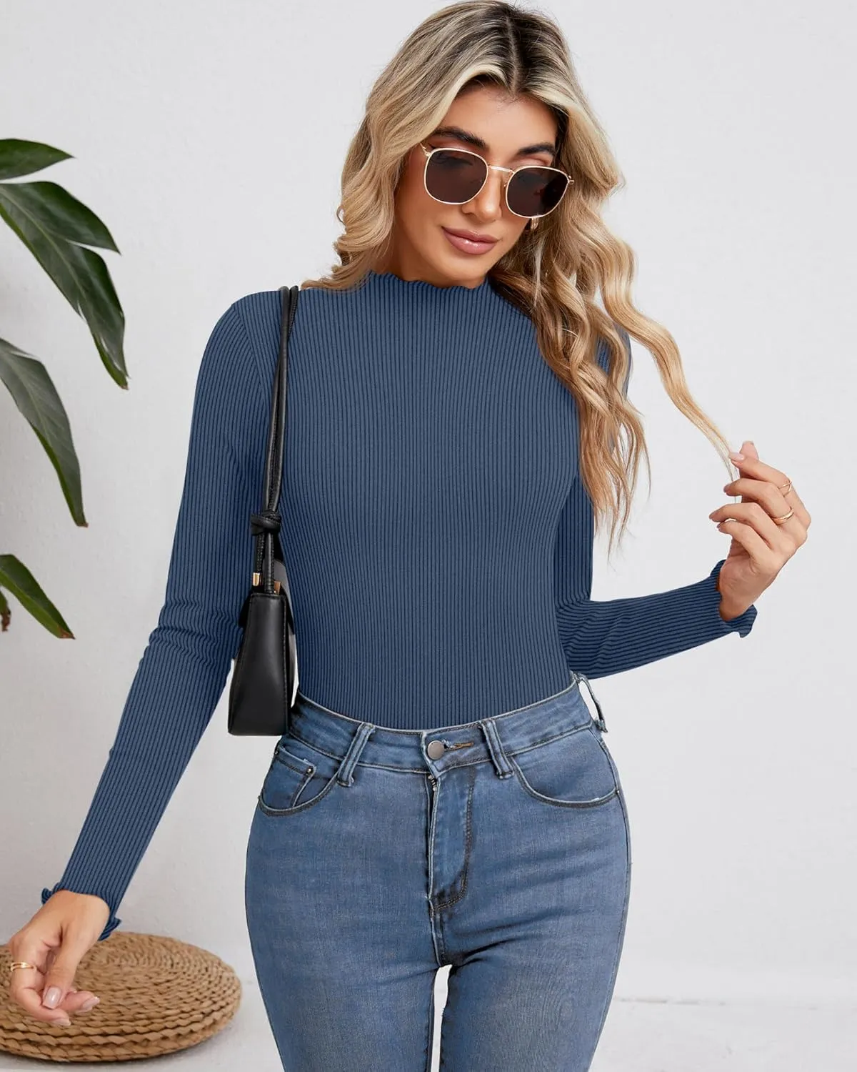 Ficerd 3 Pack Ribbed Mock Turtleneck Tops for Women Long Sleeve Lettuce Trim Shirts Slim Fit Tee Base Layer