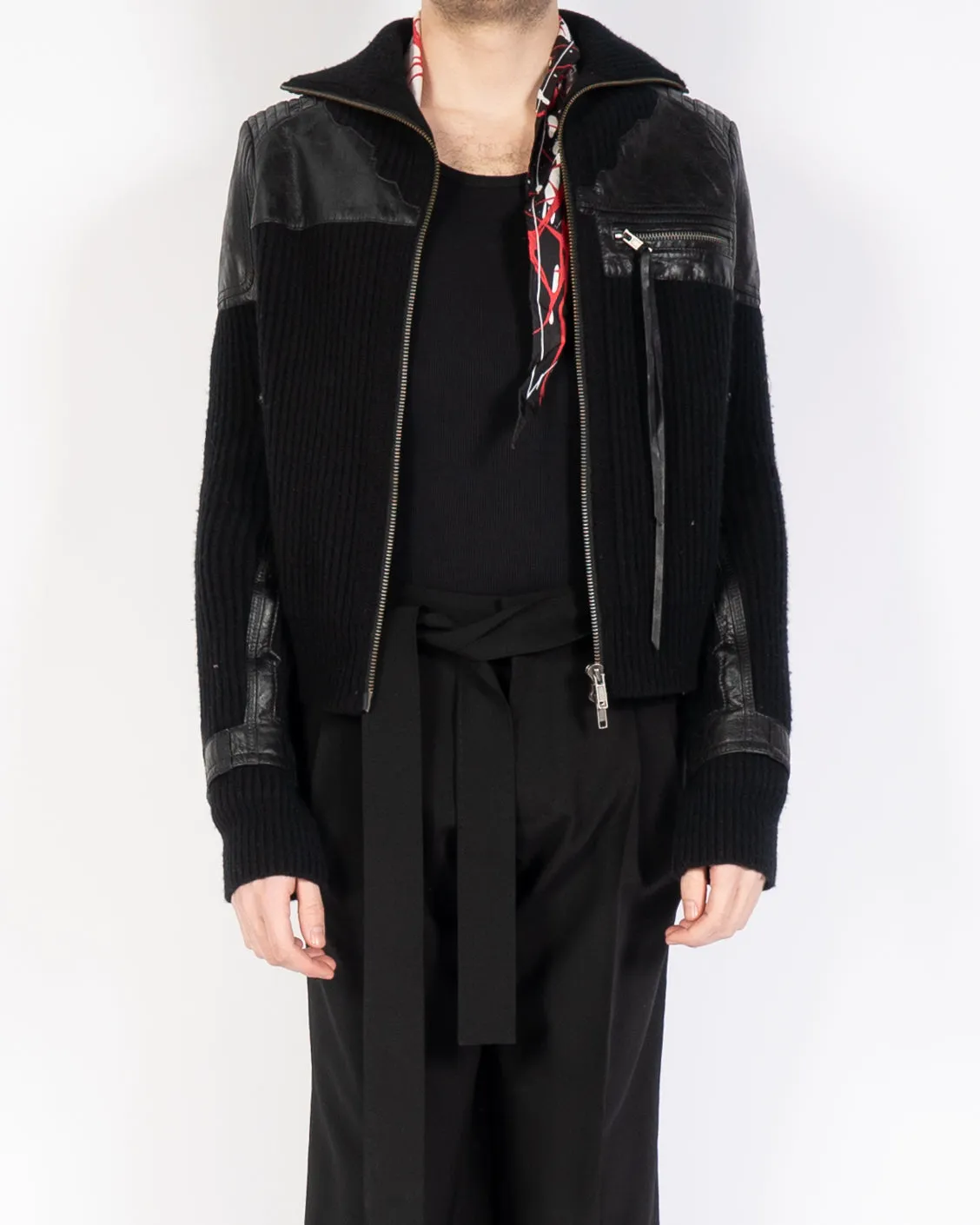 FW17 Black Leather Patch Cardigan Jacket