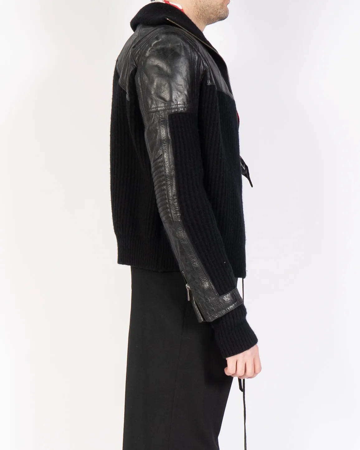 FW17 Black Leather Patch Cardigan Jacket