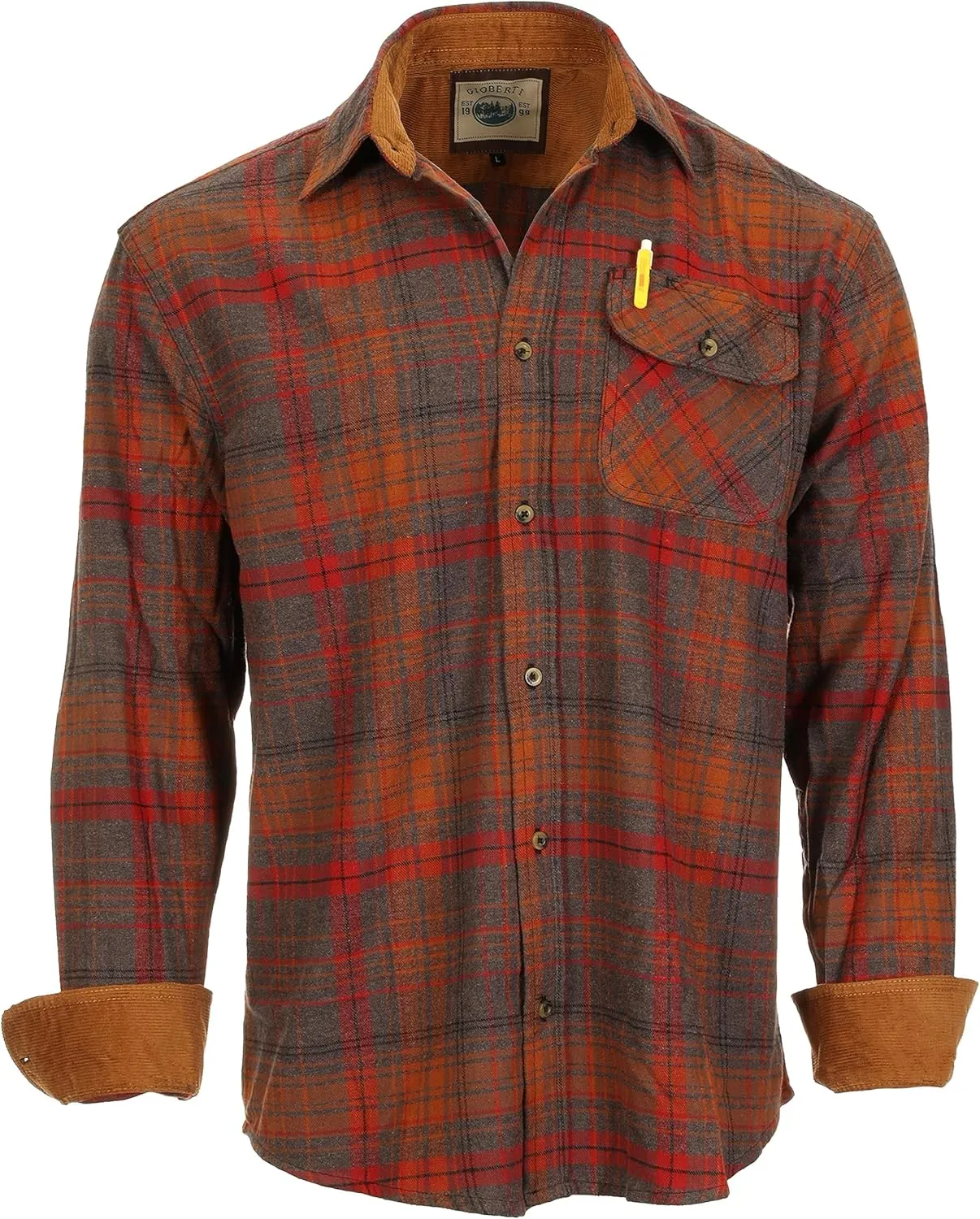 Gioberti Men's Brushed Flannel 100% Cotton Plaid Checkered Shirt with Corduroy Contrast