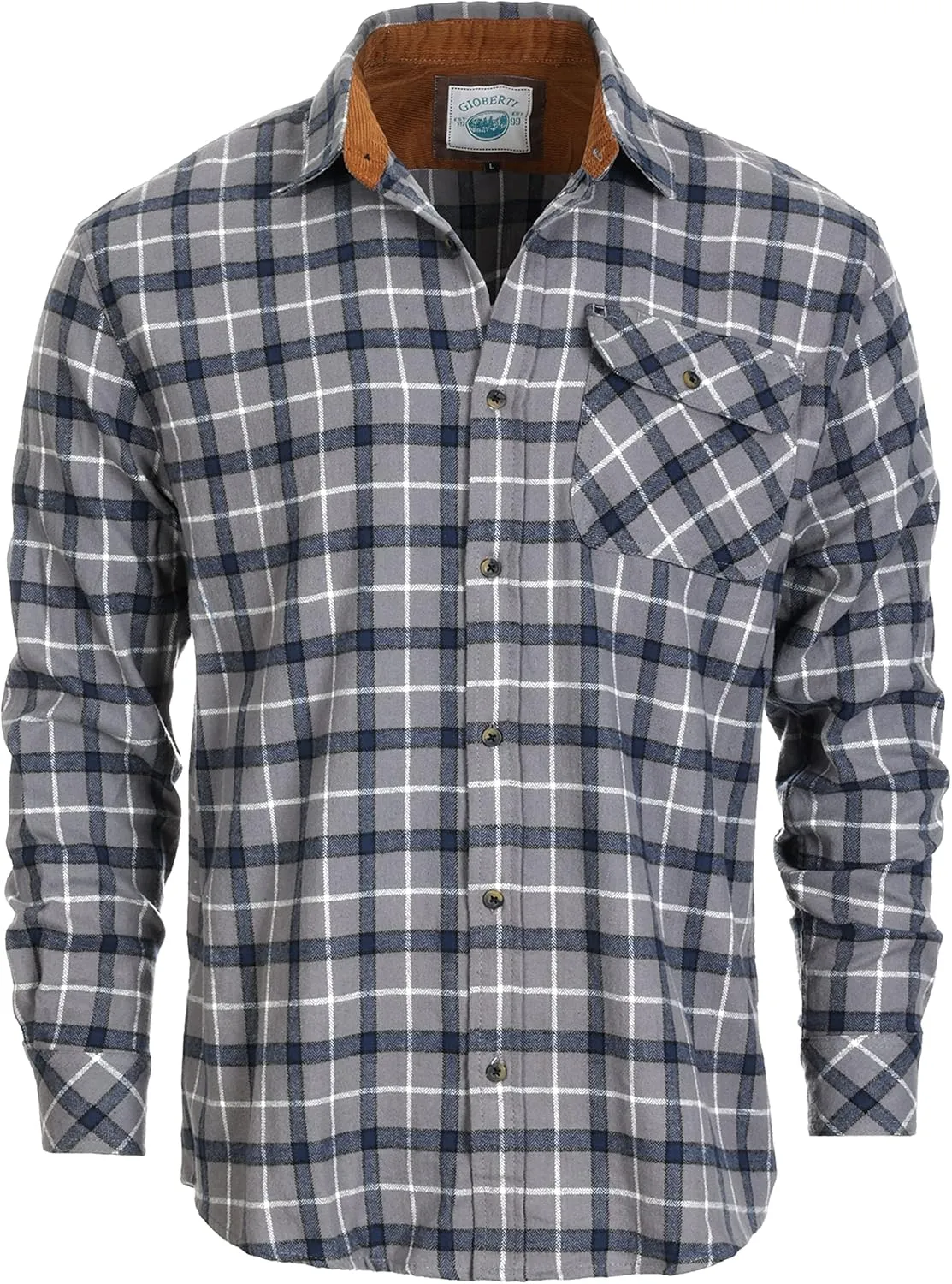 Gioberti Men's Brushed Flannel 100% Cotton Plaid Checkered Shirt with Corduroy Contrast