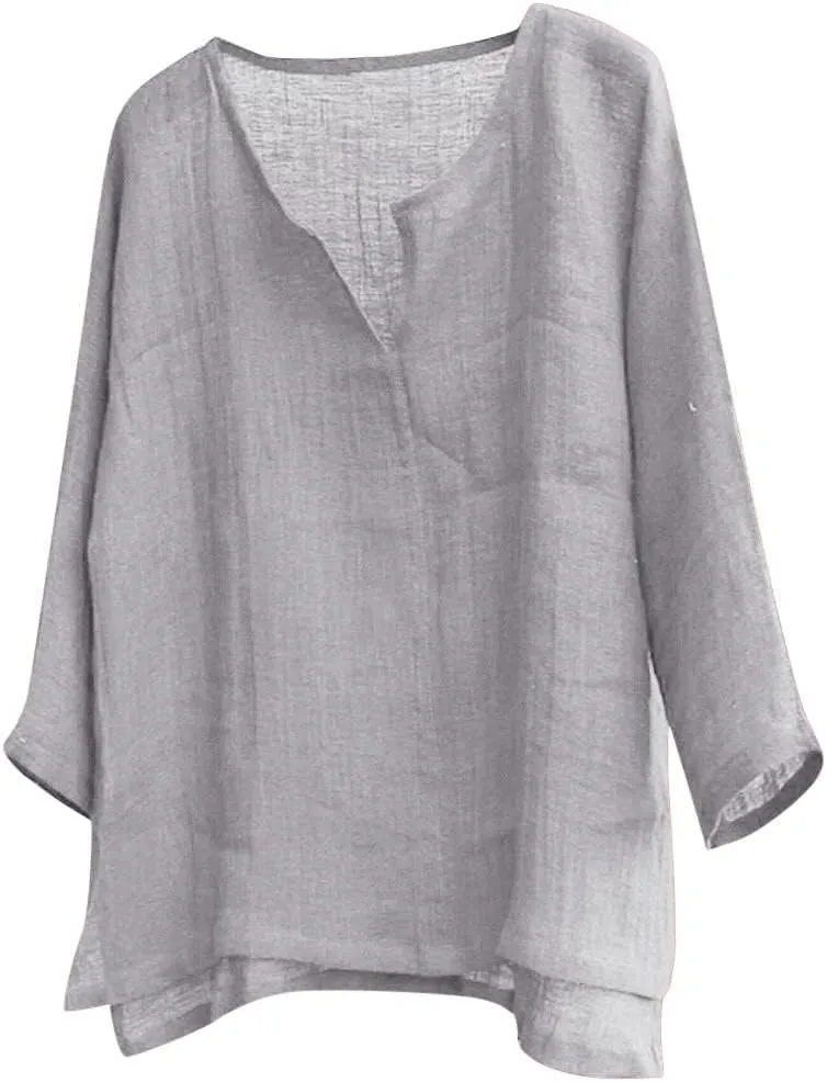Men Cotton Linen Henley Shirts Hippie Baggy Breathable 3/4 Sleeve Blouse Summer Casual V Neck Beach Yoga Tunic Tops