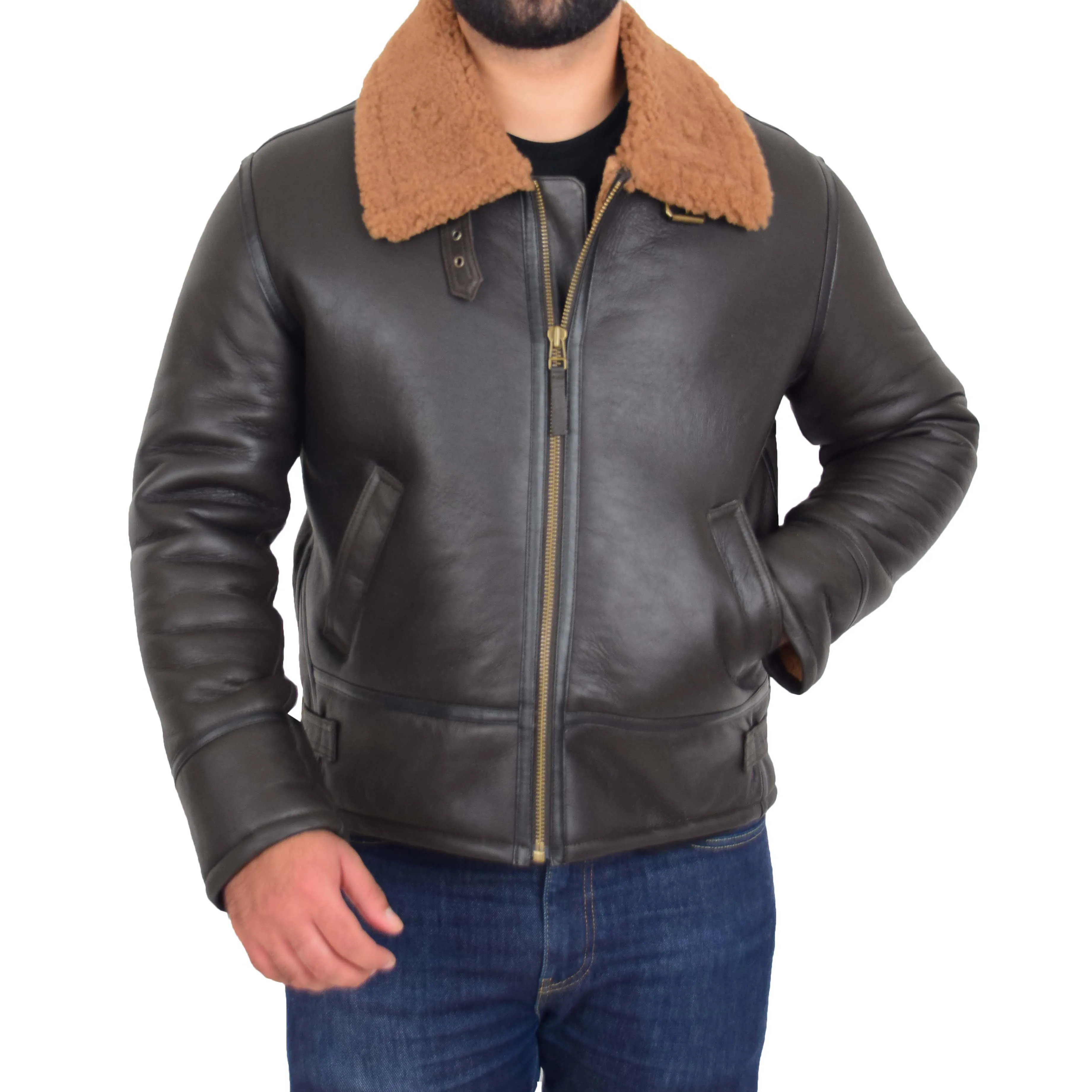 Mens Original Sheepskin Flying Jacket B3 Bomber Aviator Pilots Shearling Coat Raptor Brown/Ginger