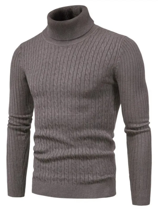 Men’s Solid Color Rolled Turtleneck Long Sleeve Rib Texture Sweater