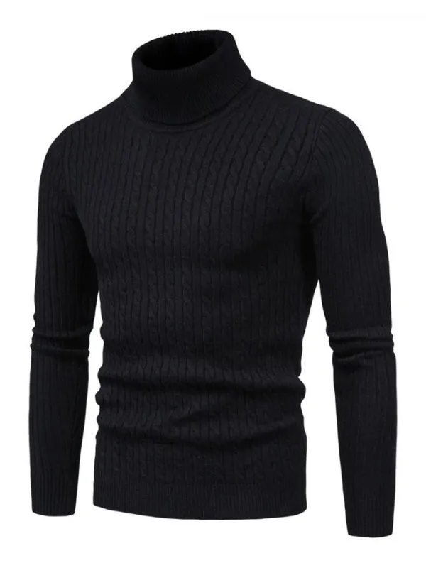 Men’s Solid Color Rolled Turtleneck Long Sleeve Rib Texture Sweater