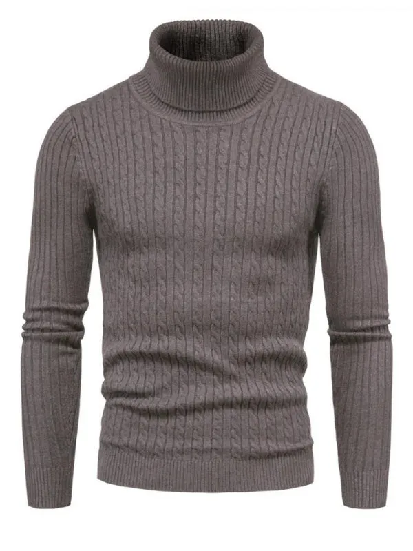Men’s Solid Color Rolled Turtleneck Long Sleeve Rib Texture Sweater