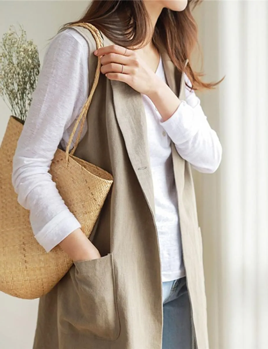 Mywinway Long Linen Vest Women 2024 Casual Fashion Button Down Vest Summer Sleeveless Blazer Jackets