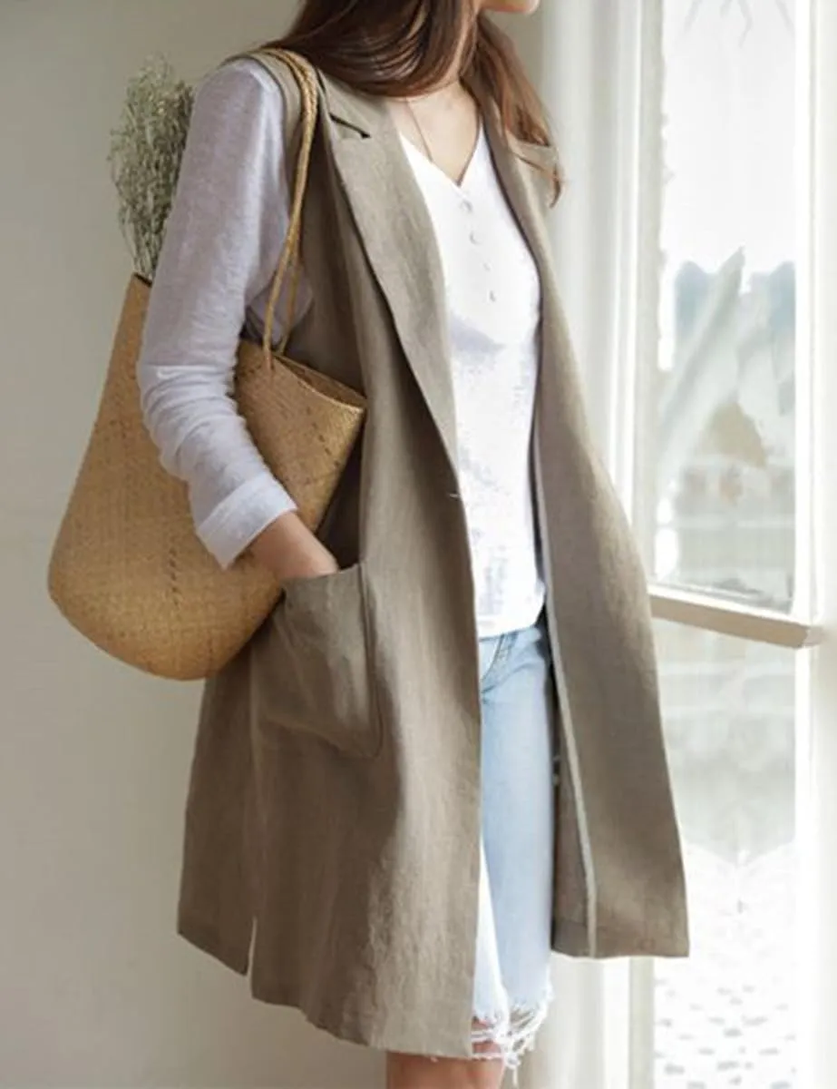 Mywinway Long Linen Vest Women 2024 Casual Fashion Button Down Vest Summer Sleeveless Blazer Jackets