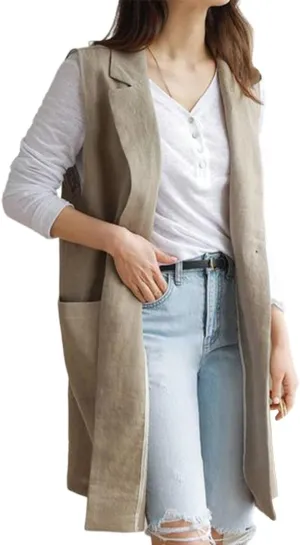 Mywinway Long Linen Vest Women 2024 Casual Fashion Button Down Vest Summer Sleeveless Blazer Jackets