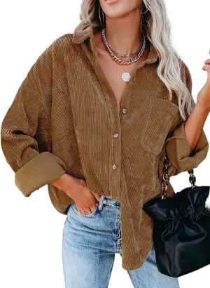 Necooer Womens Corduroy Shirts Button Down Long Sleeve Blouses Boyfriend Tops Oversized Jacket