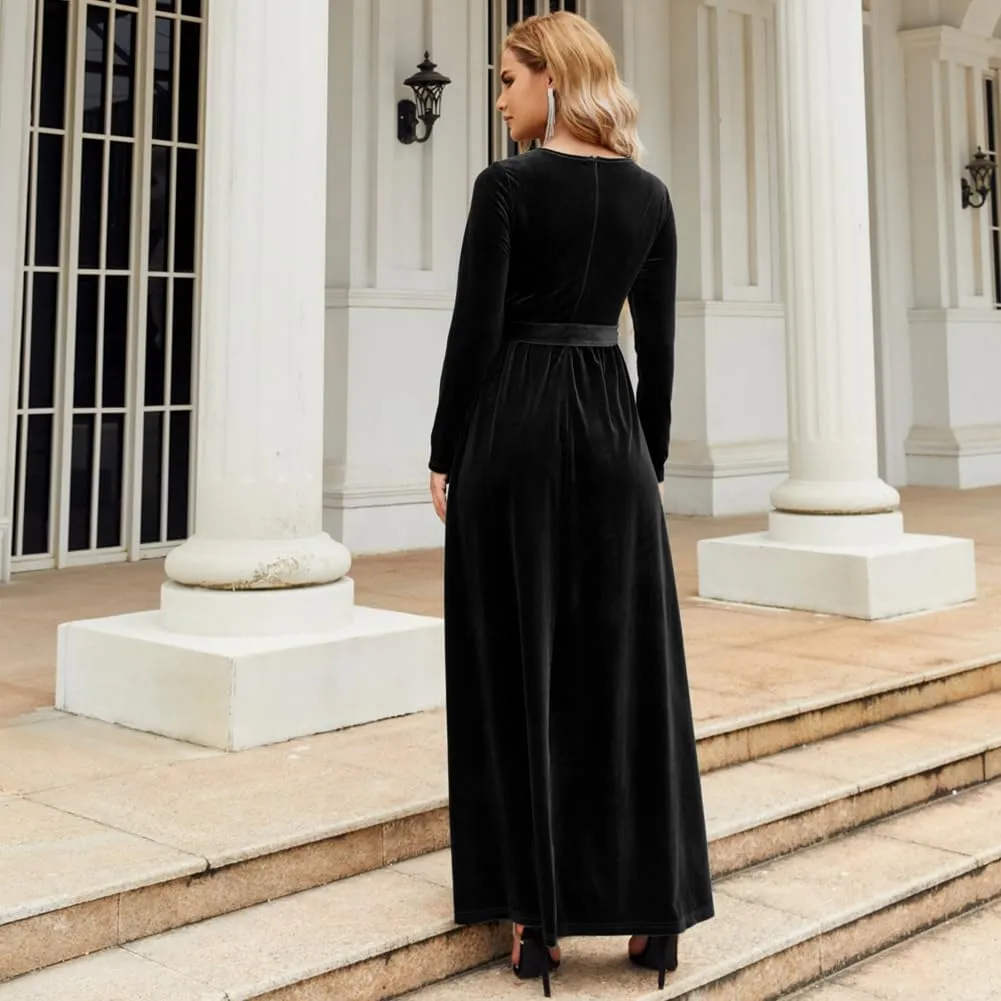 OBEEII Fall Dress for Women Long Sleeve Velvet Maxi Dress with Belt Wedding Guest Casual Holiday Party Dresses