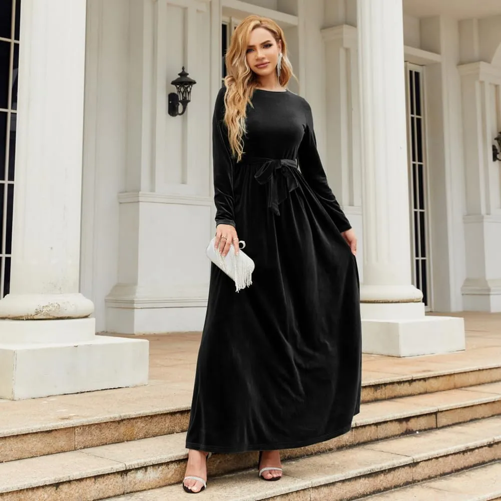 OBEEII Fall Dress for Women Long Sleeve Velvet Maxi Dress with Belt Wedding Guest Casual Holiday Party Dresses