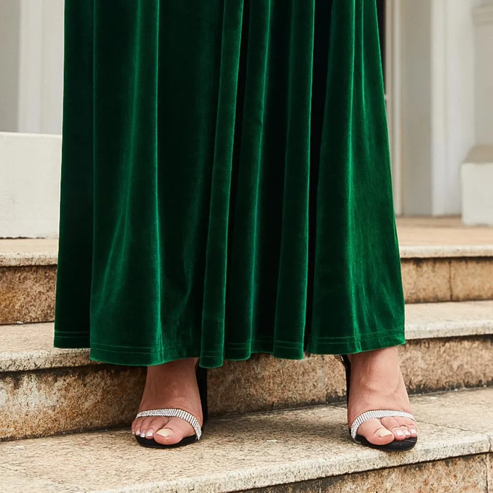 OBEEII Fall Dress for Women Long Sleeve Velvet Maxi Dress with Belt Wedding Guest Casual Holiday Party Dresses