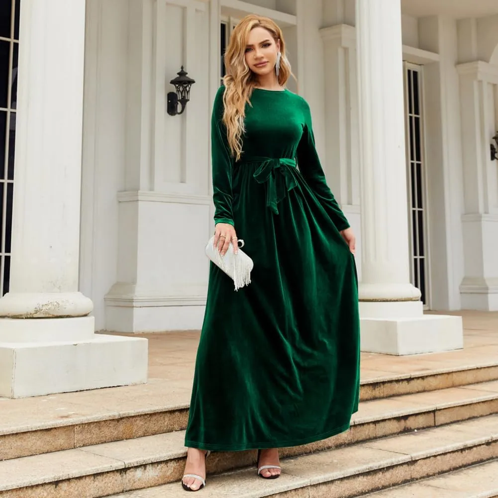 OBEEII Fall Dress for Women Long Sleeve Velvet Maxi Dress with Belt Wedding Guest Casual Holiday Party Dresses