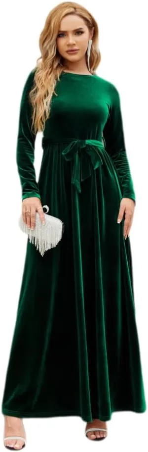 OBEEII Fall Dress for Women Long Sleeve Velvet Maxi Dress with Belt Wedding Guest Casual Holiday Party Dresses