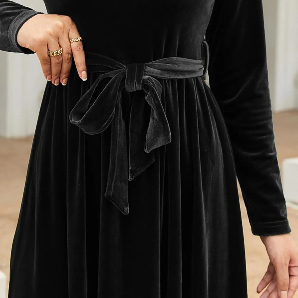 OBEEII Fall Dress for Women Long Sleeve Velvet Maxi Dress with Belt Wedding Guest Casual Holiday Party Dresses