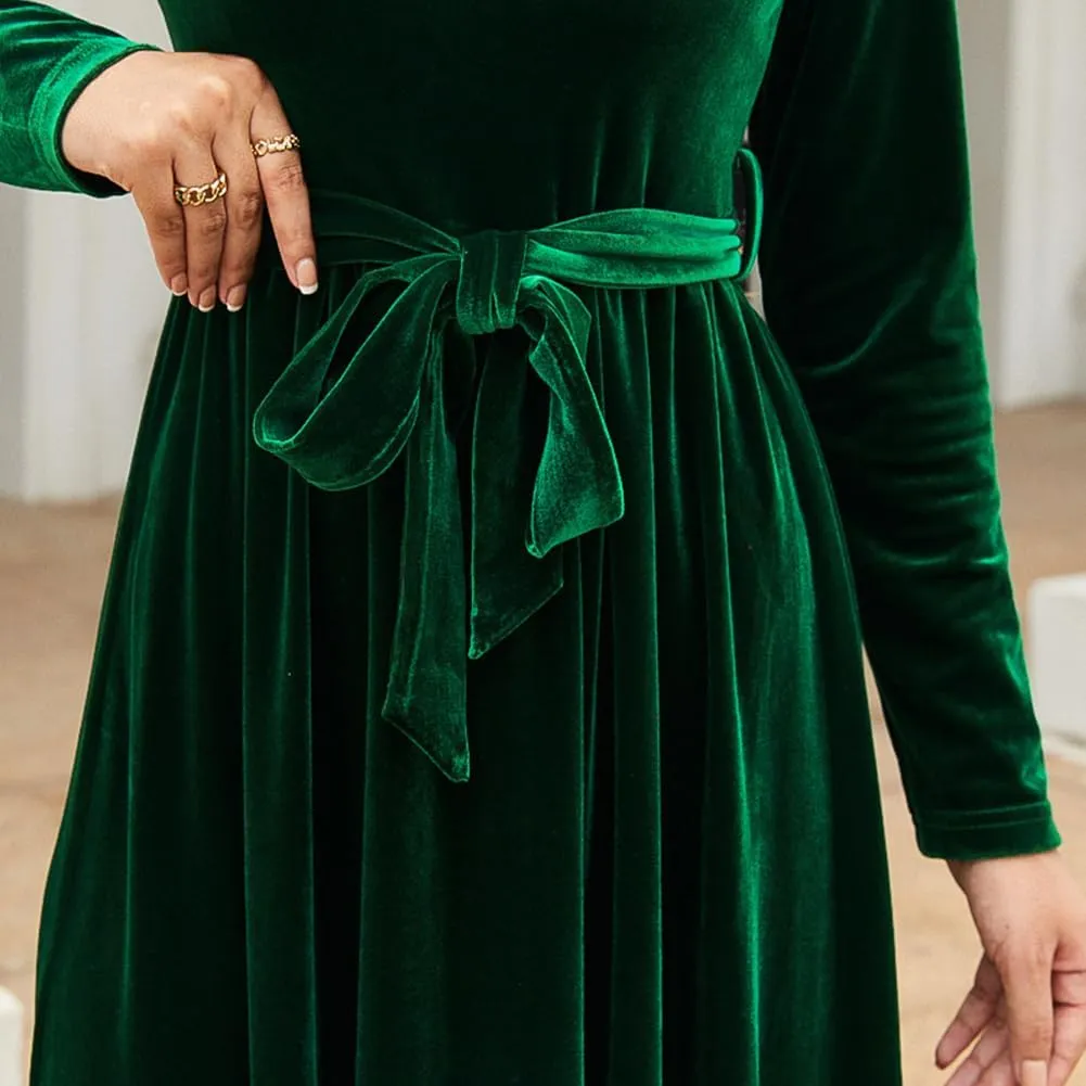 OBEEII Fall Dress for Women Long Sleeve Velvet Maxi Dress with Belt Wedding Guest Casual Holiday Party Dresses