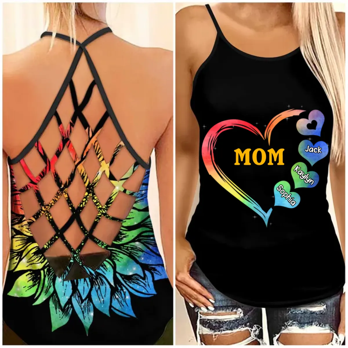 Personalized Grandma Mom Heart Grandkids Cross Tank Top, Gift for Mom Mother Summer Day