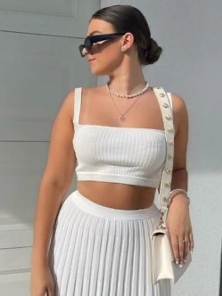 Ribbed Tank Top And Pleated Knitted Long Skirt Set