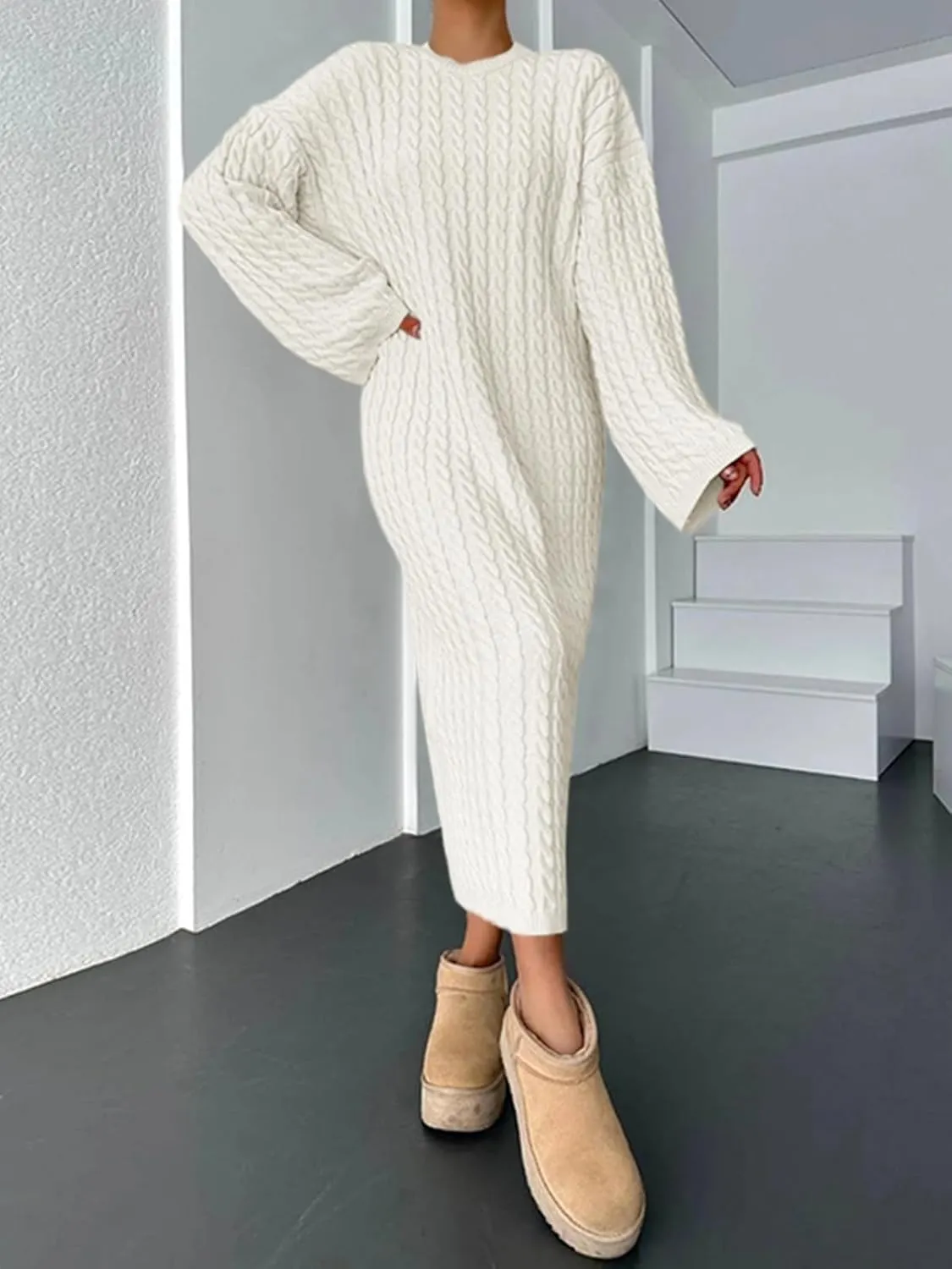 Saodimallsu Womens Oversized Cable Knit Sweater Dress Drop Shoulder Long Sleeve Loose Fall Midi Pullover Sweater Dresses