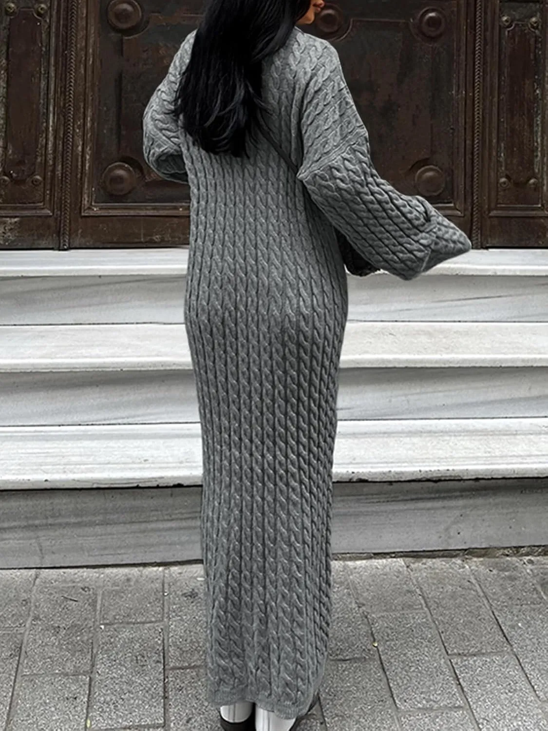 Saodimallsu Womens Oversized Cable Knit Sweater Dress Drop Shoulder Long Sleeve Loose Fall Midi Pullover Sweater Dresses