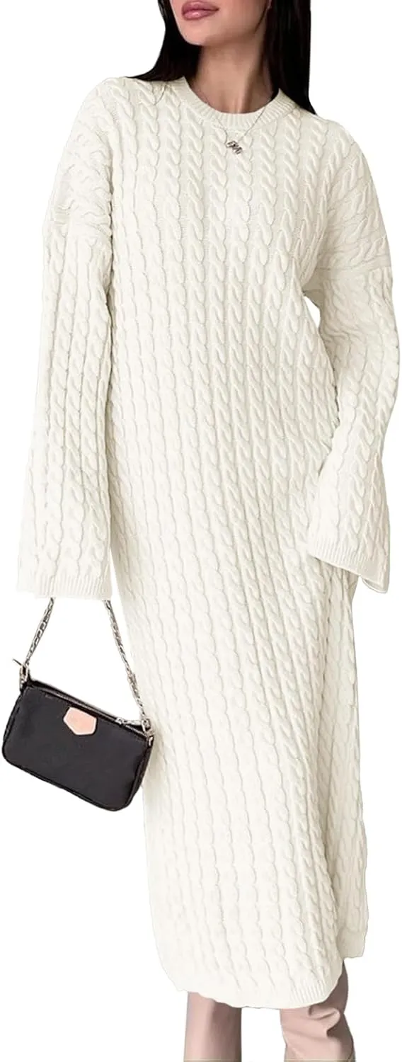 Saodimallsu Womens Oversized Cable Knit Sweater Dress Drop Shoulder Long Sleeve Loose Fall Midi Pullover Sweater Dresses