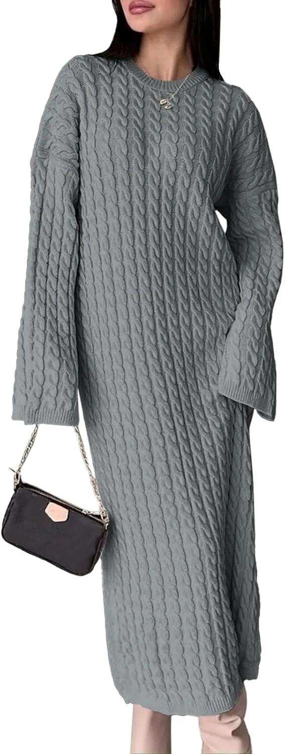 Saodimallsu Womens Oversized Cable Knit Sweater Dress Drop Shoulder Long Sleeve Loose Fall Midi Pullover Sweater Dresses