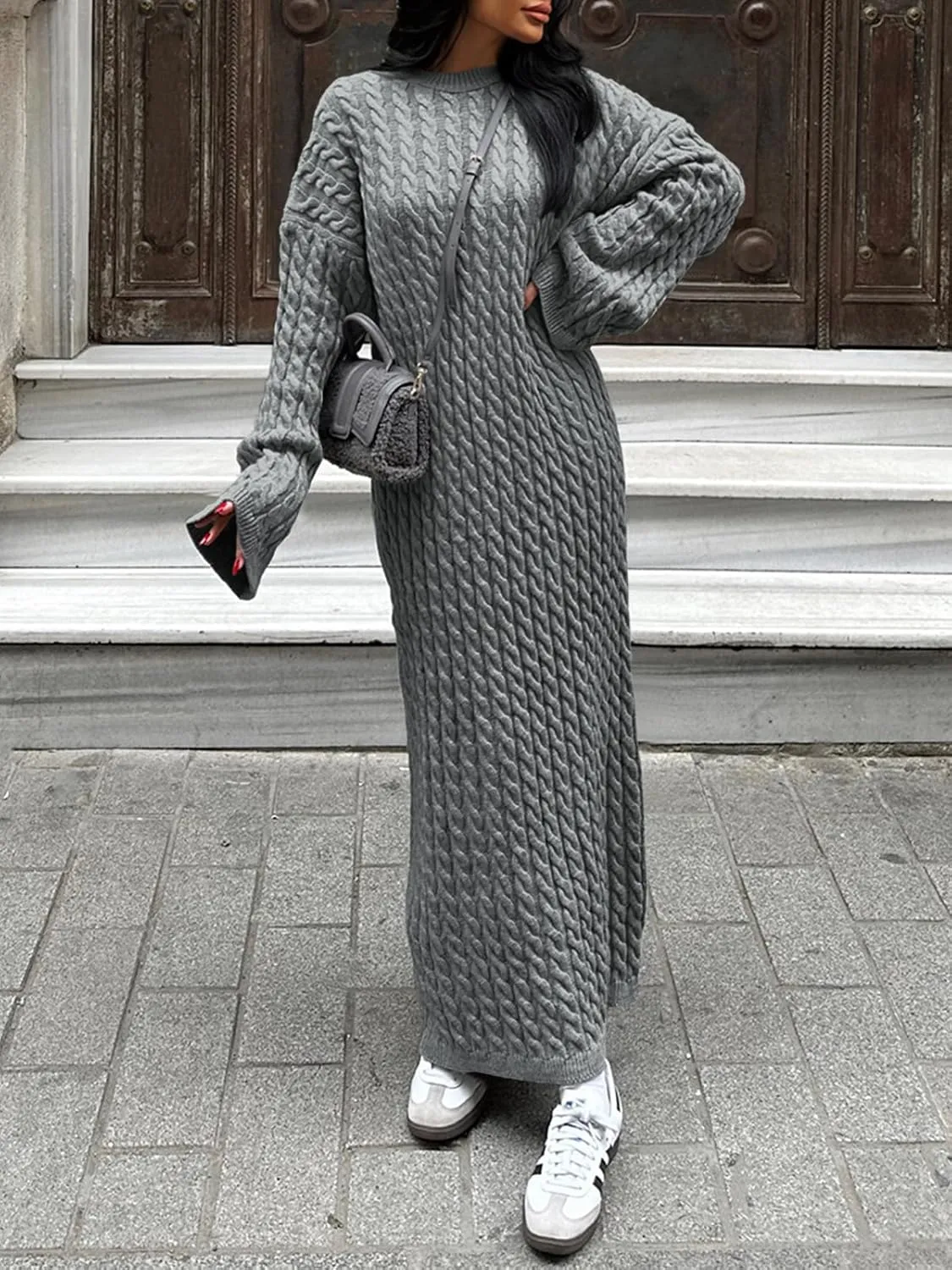 Saodimallsu Womens Oversized Cable Knit Sweater Dress Drop Shoulder Long Sleeve Loose Fall Midi Pullover Sweater Dresses