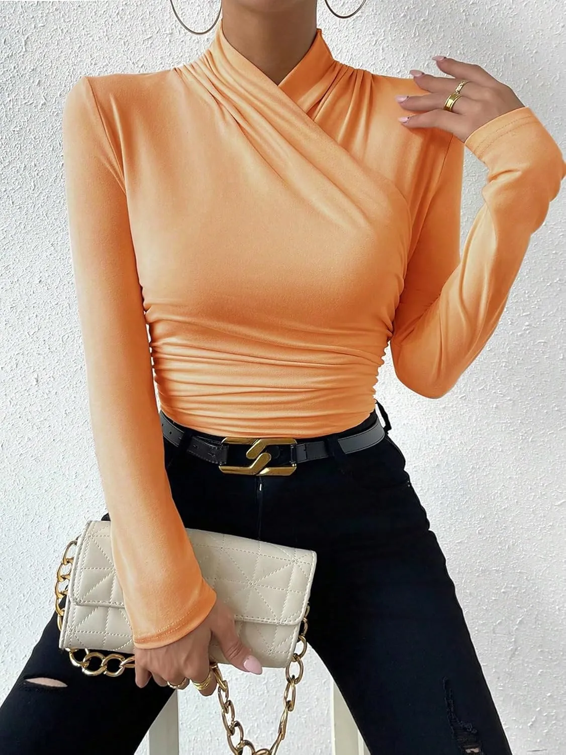 SweatyRocks Women's Ruched Mock Neck Long Sleeve T Shirt Solid Slim Fitted Tee Tops