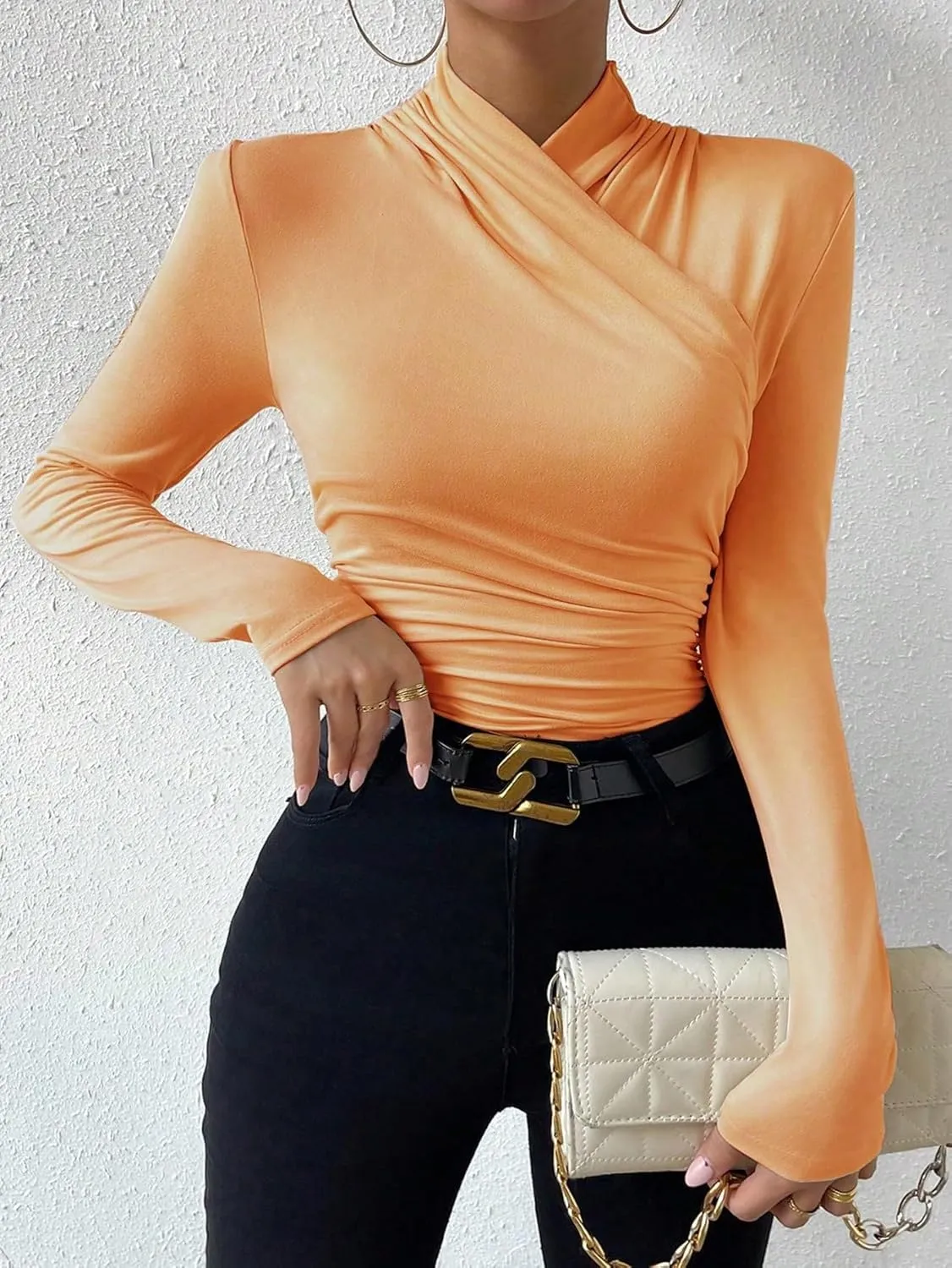 SweatyRocks Women's Ruched Mock Neck Long Sleeve T Shirt Solid Slim Fitted Tee Tops