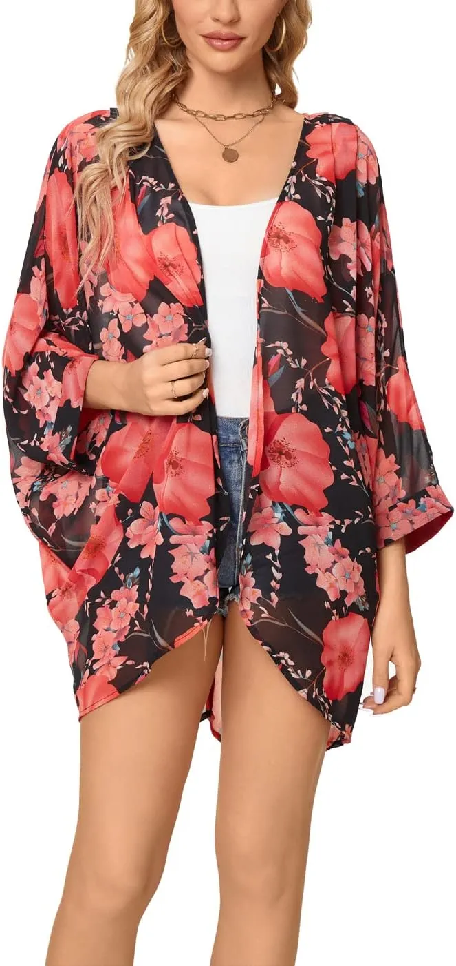 Tribear Women Chiffon Kimono Cardigan Floral Printed Bat Sleeve Casual Capes Beach Cover up