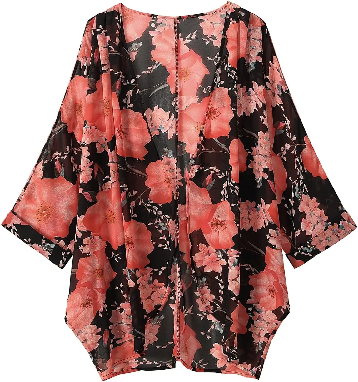 Tribear Women Chiffon Kimono Cardigan Floral Printed Bat Sleeve Casual Capes Beach Cover up