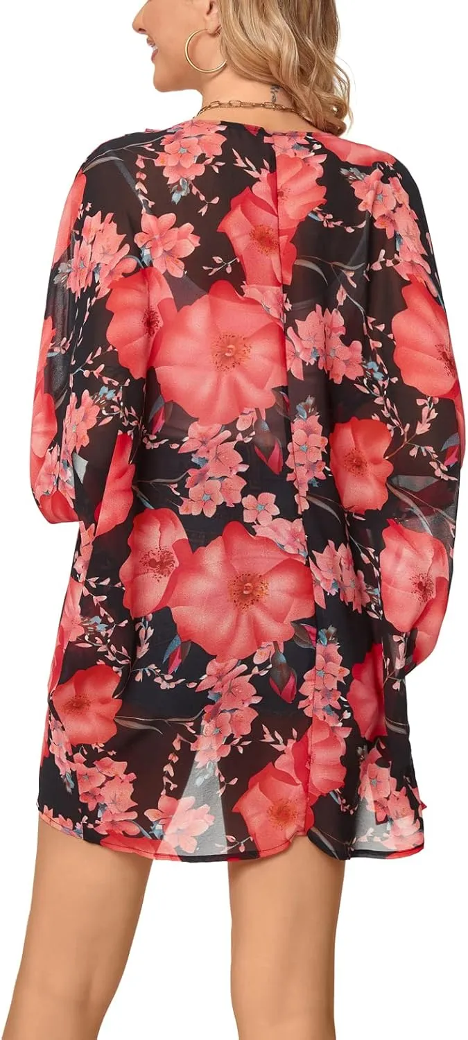 Tribear Women Chiffon Kimono Cardigan Floral Printed Bat Sleeve Casual Capes Beach Cover up